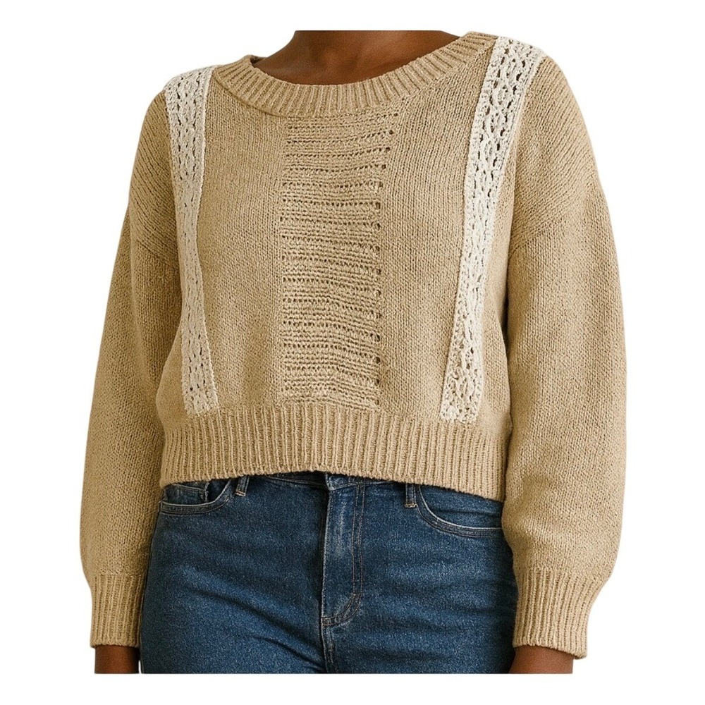 Miss Me Crochet Lace Sweater Large Beige White Boho Knit Pullover Great fall top